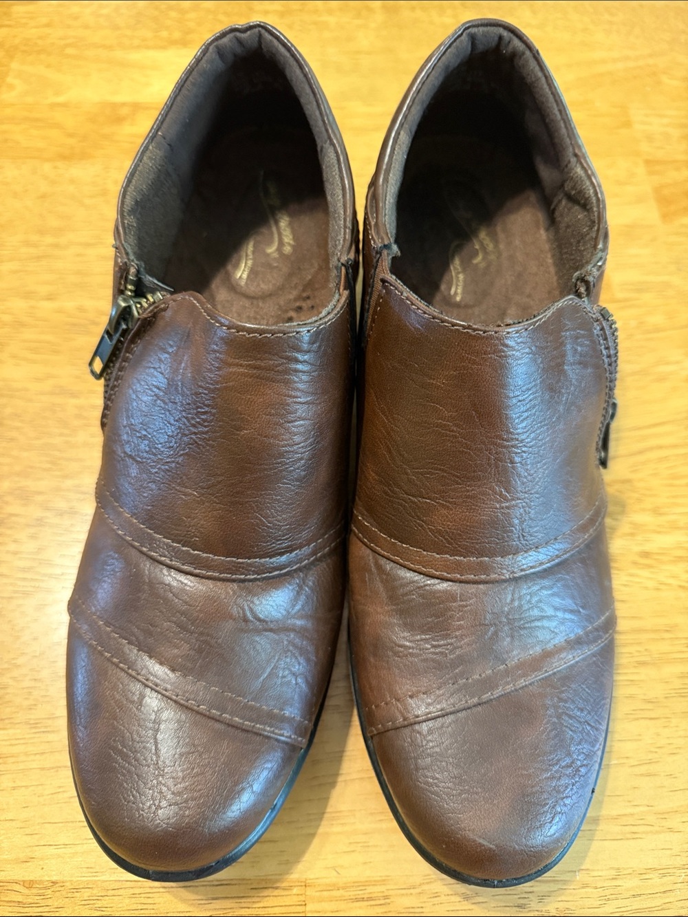 easy street Brown Leather Slip-On Loafers with Side Zip Accent